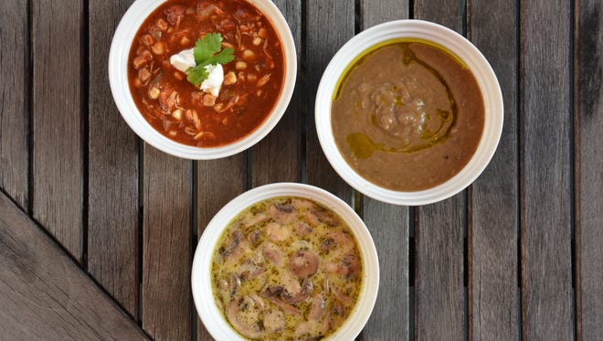 Chicken tortilla soup, eggplant and white bean soup and mushroom brie soup make a great medley for a fall soup party.