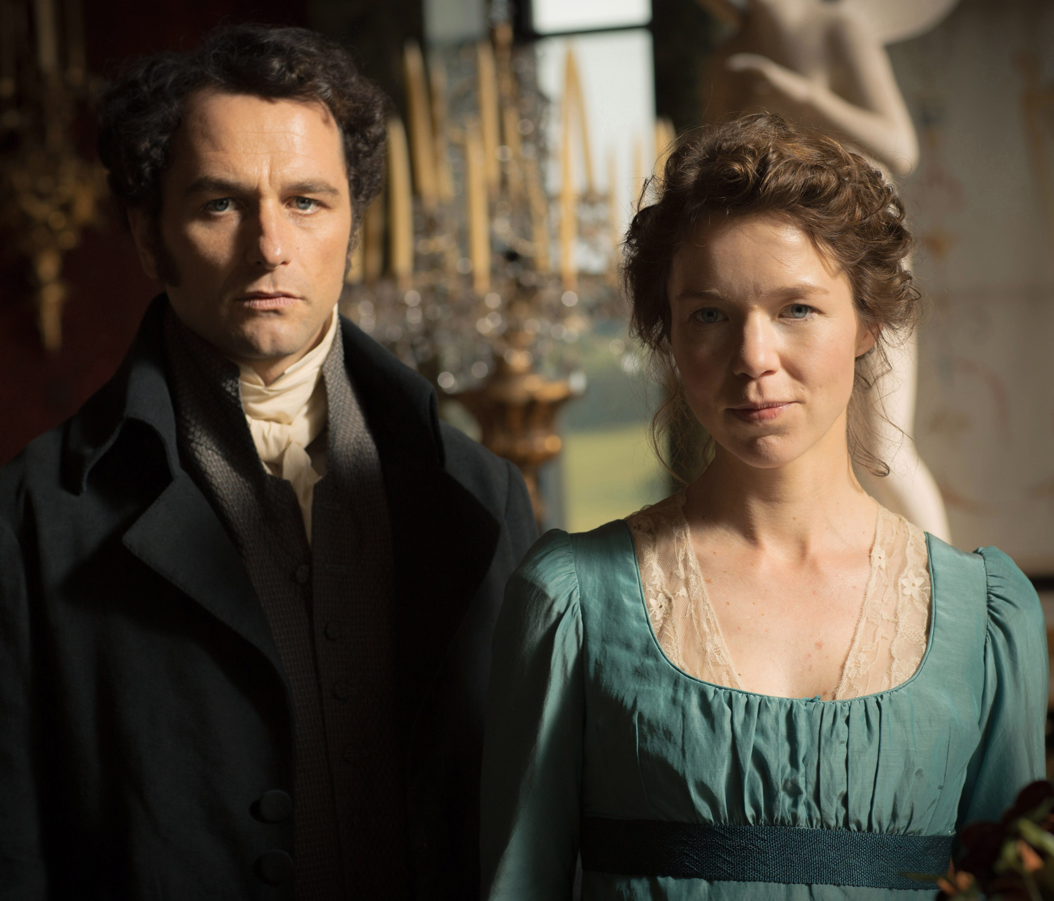 This photo provided by PBS/Masterpiece shows Matthew Rhys, left, as Darcy and Anna Maxwell Martin as Elizabeth Darcy, in 