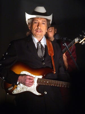 Bob Dylan performs “Cry A While” from his “Love and Theft” album at the 44th annual Grammy Awards on Feb. 27, 2002, in Los Angeles.