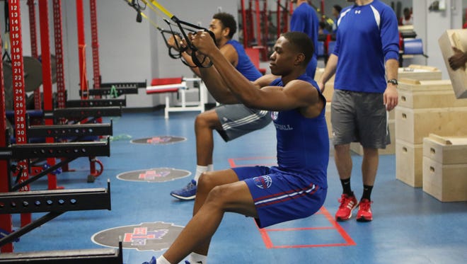 Louisiana Tech forward Oliver Powell trains during a strength training session on Wednesday, Nov. 9, 2016.