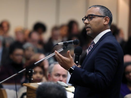Patrick Johnson, SVP at Meharry Medical College, speaks during "Conscious Conversation," a community meeting to discuss the future of Nashville General Hospital held at First Baptist Church Capitol Hill, Thursday, January 11, 2018.