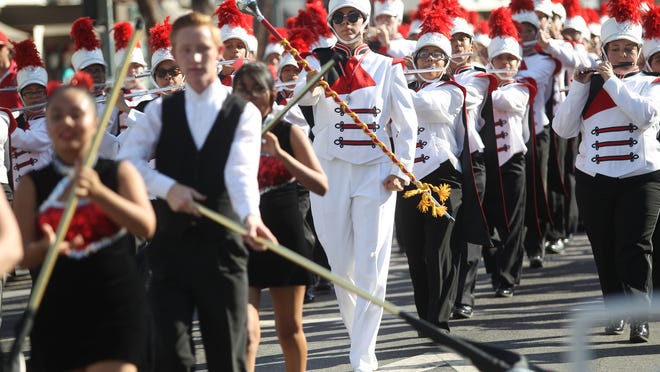 Hundreds of Palm Springs High School students marched through downtown Palm Springs Wednesday as part of the 21st annual homecoming parade. In this photo the Spirit of the Sands band from Palm Springs High School marches on the homecoming parade.