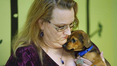 Attorney Lisa Kiser comforts "Rasin" at Lost Our Home Pet Rescue in Tempe, Ariz. Kiser drafted a trust that helped secure care for a deceased woman's animals.