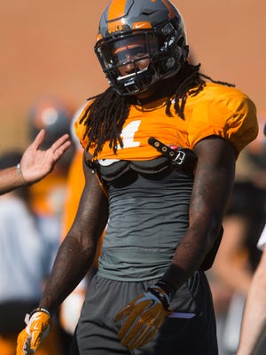 Tennessee wide receiver Marquez Callaway (1) stands on the field during a University of Tennessee practice at Anderson Training Facility Tuesday, Sept. 26, 2017.