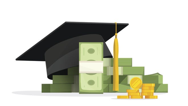 Graduation cap on pile of money and coins, concept of education costs, study cash, tuition fees, tax, pay, spending education money investment flat cartoon design isolated on white background