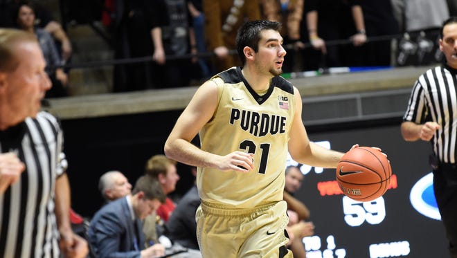 Dec 12, 2015; West Lafayette, IN, USA; Purdue Boilermakers guard Dakota Mathias (31) brings the ball up the court against the Youngstown State Penguins in the second half at Mackey Arena. Purdue won the game 95-64. Mandatory Credit: Sandra Dukes-USA TODAY Sports