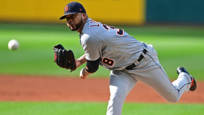 Tigers starting pitcher Francisco Liriano delivers in the first inning against the Indians on Saturday in Cleveland.