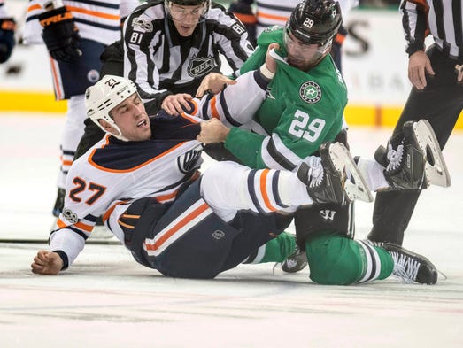 Nov. 18: Edmonton Oilers forward Milan Lucic (27) fights