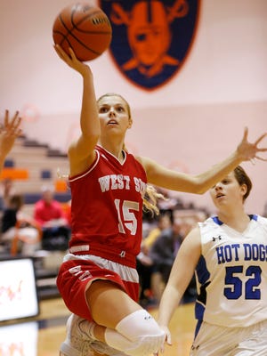 Teagan Parker of West Lafayette with a drive to the basket against Frankfort in the Franciscan Health Hoops Classic Tuesday, November 14, 2017, at Harrison High School. West Lafayette defeated Frankfort 63-28.