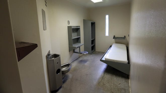 A single-bed cell in the Security Housing Unit at James T. Vaughn Correctional Center is shown. Hundreds of Delaware prisoners in solitary confinement are held in cells measuring 8 by 11 feet.