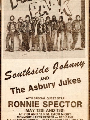 An ad from the Asbury Park Press publicizes the shows at Monmouth Arts Center (now the Count Basie Theatre) in Red Bank in May 1977, featuring Southside Johnny and the Asbury Jukes. Bruce Springsteen and Little Steven Van Zandt filled in for an ailing Southside both nights.