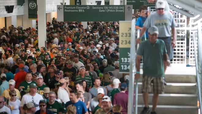 Fans attend an open house for CSU's new on-campus football stadium on Saturday, August 5, 2017. More than 10,000 Rams fans got their first look at the facility with a concessions and amenities in operation. 
