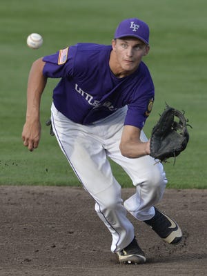 Little Falls shortstop Justin Jenks (3) makes a catch against the St. Cloud 76ers in the Sub-State 12 playoffs on July 22 at Dick Putz Field.