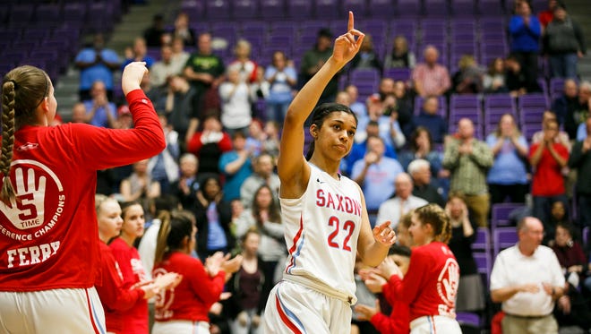 South Salem's Evina Westbrook takes to the court in the OSAA 6A semifinal state championships against Oregon City on Friday, March 10, 2017, at the University of Portland. South Salem went on to lose the match up 46-54.