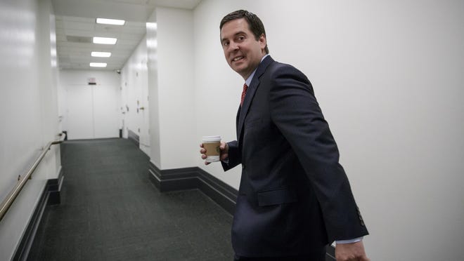 House Intelligence Committee Chairman Rep. Devin Nunes, R-Calif., arrives for a closed-door GOP strategy session on Capitol Hill in Washington, Tuesday, April 4, 2017. (AP Photo/J. Scott Applewhite)