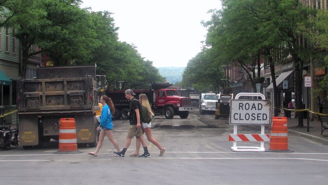 The entire five-block length of Market Street in downtown Corning is closed to traffic for a two-week resurfacing project.