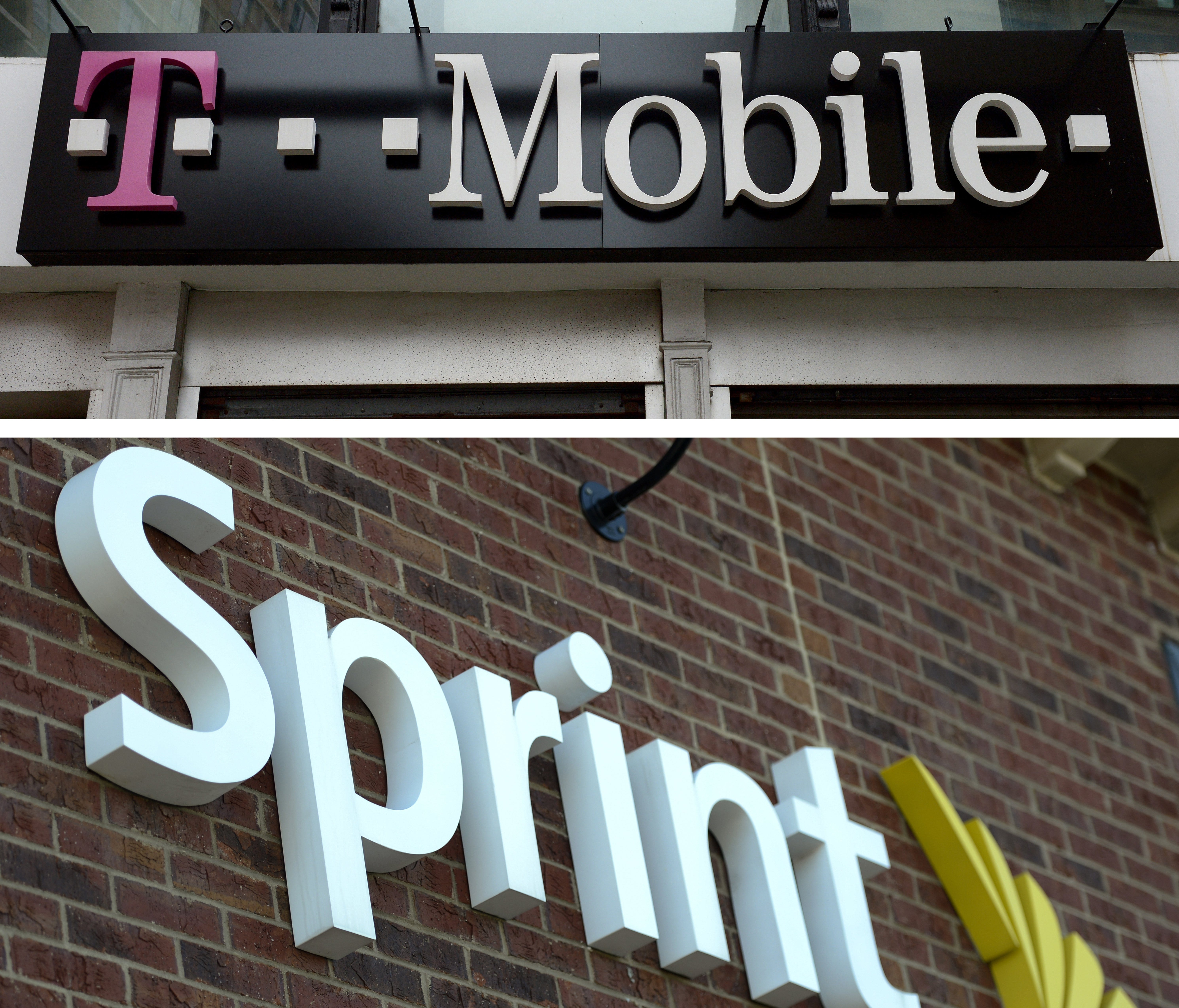 T-Mobile and Sprint signage. The two companies are reportedly in merger talks.