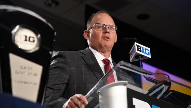 Indiana head coach Tom Allen speaks at the Big Ten Conference NCAA college football Media Days in Chicago, Tuesday, July 24, 2018. (AP Photo/Annie Rice)