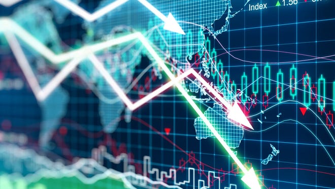 Global stock market arrows going downward.