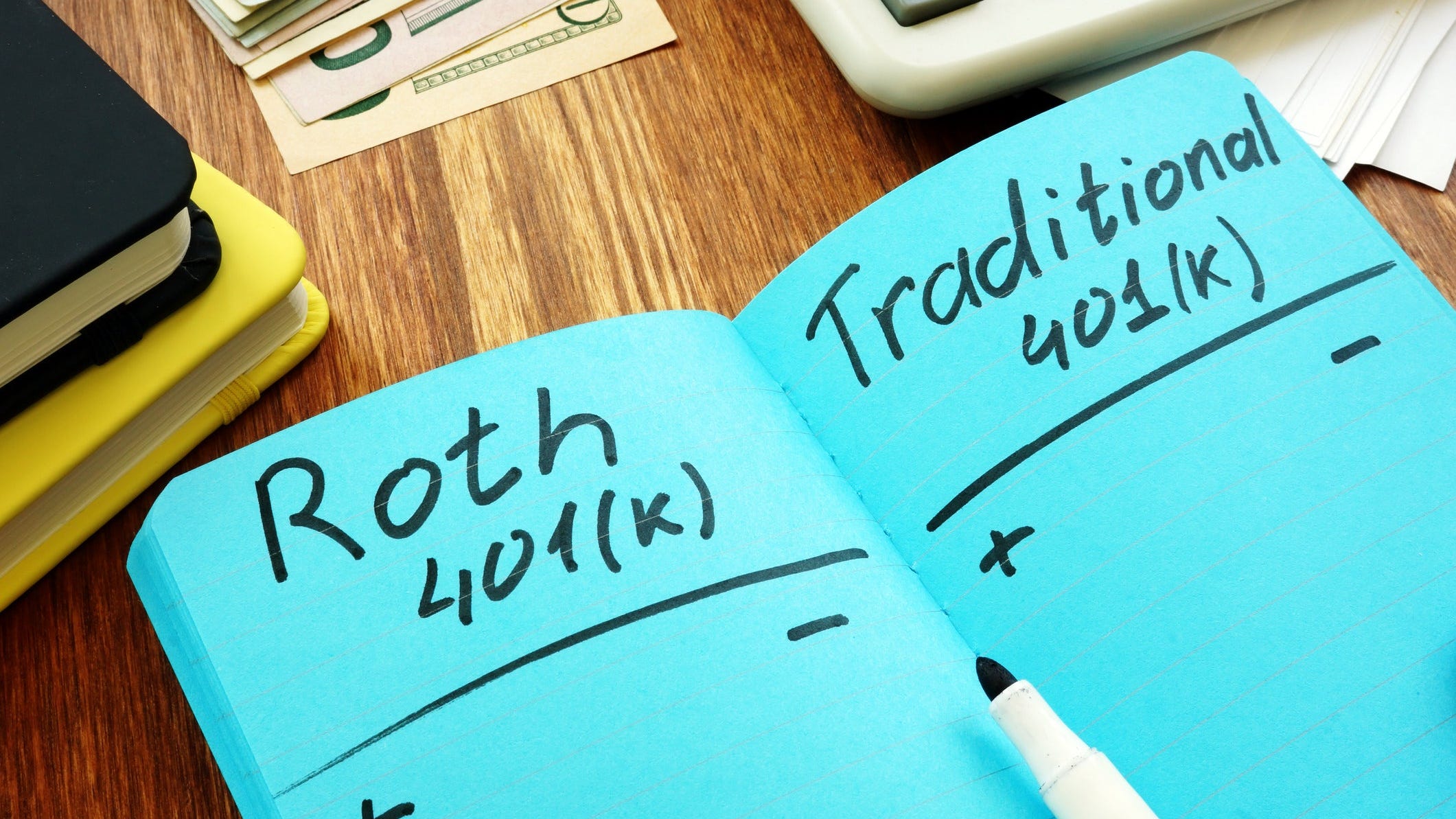 Roth 401(k) and traditional 401(k) pros and cons are written with black marker in a notebook