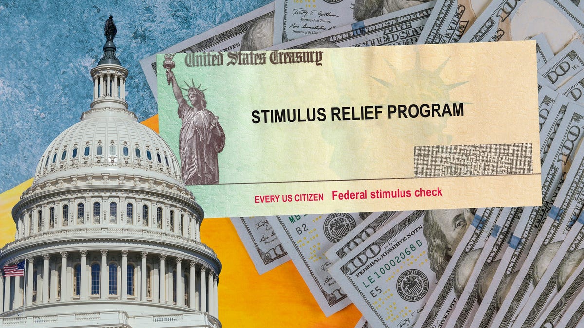 Collage of stimulus check, hundred-dollar bills, and U.S. Capitol.