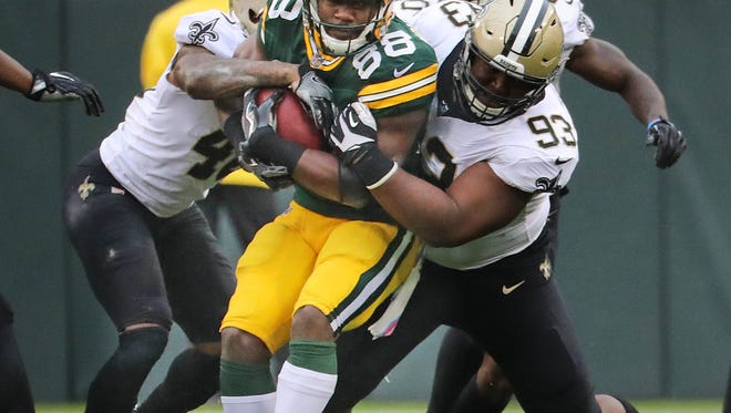 Green Bay Packers running back Ty Montgomery (88) is stopped for no gain on 2nd and 10 in the third quarter during the Green Bay Packers 26-17 loss to the New Orleans Saints at Lambeau Field in Green Bay, Wisconsin, Sunday, October 22, 2017. Milwaukee Journal Sentinel photo by Rick Wood/RWOOD@JOURNALSENTINEL.COM
