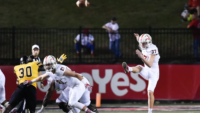 Steven Coutts (37), who does not plan to return to UL in 2017, punts during an October 2016 game against Appalachian State.