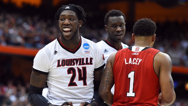 Louisville Cardinals forward Montrezl Harrell (24) reacts after a play during the first half against the North Carolina State Wolfpack in the semifinals of the east regional of the 2015 NCAA Tournament at Carrier Dome.