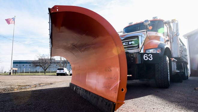 A snow plow sits at the ready at the Minnehaha County Highway Department on Tuesday, Oct. 31, 2017. 