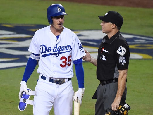 Game 6 at Dodger Stadium: Cody Bellinger reacts after