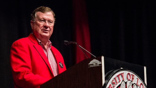 Dr. E. Joseph Savoie, president of the University of Louiosiana at Lafayette, addresses incoming freshmen during the New Student Convocation at the Cajundome Convention Center in  August 2014.