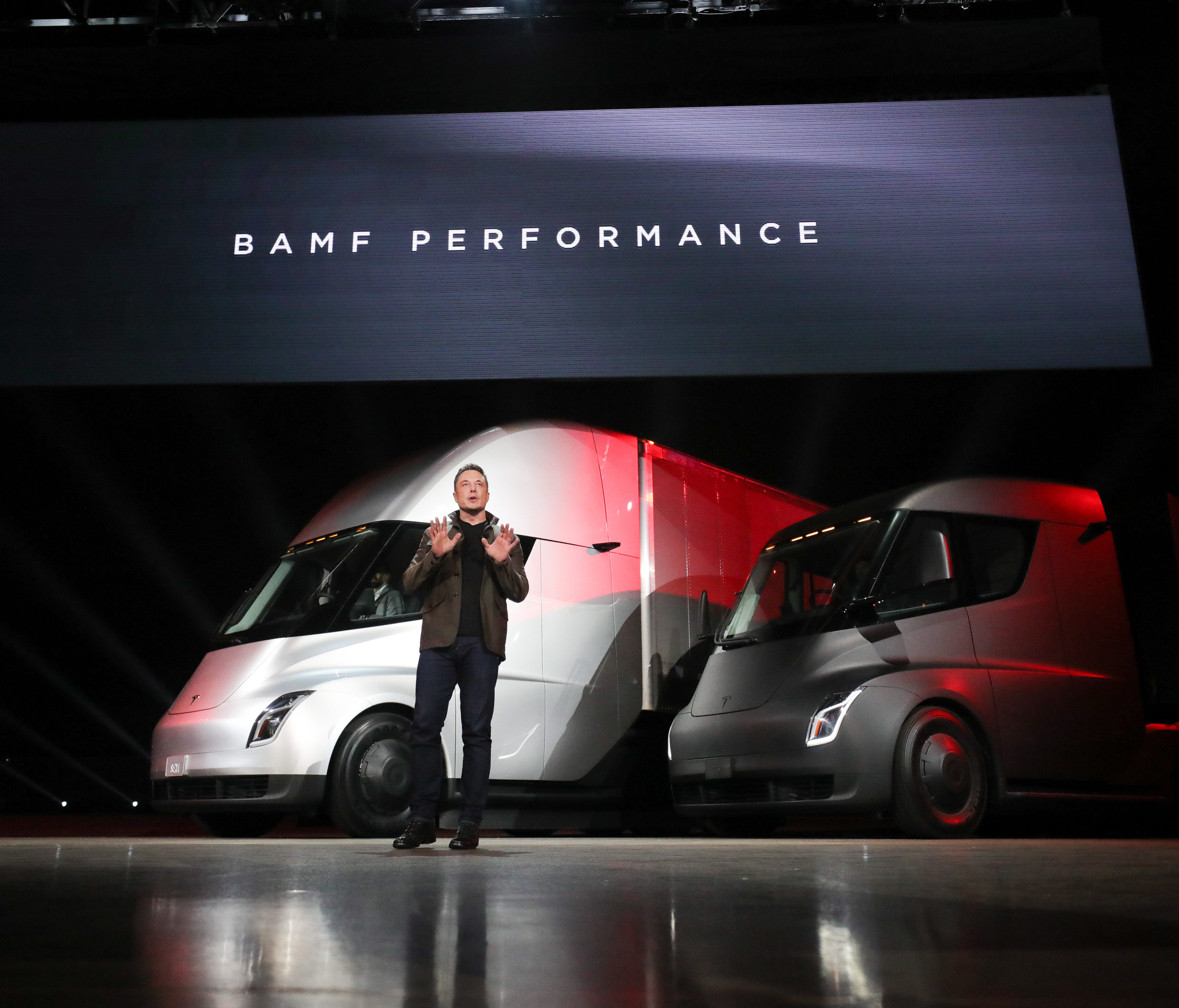 Elon Musk unveils his new Tesla Semi trucks in Los Angeles Thursday. The acronym can't be spelled out here, but think fast.