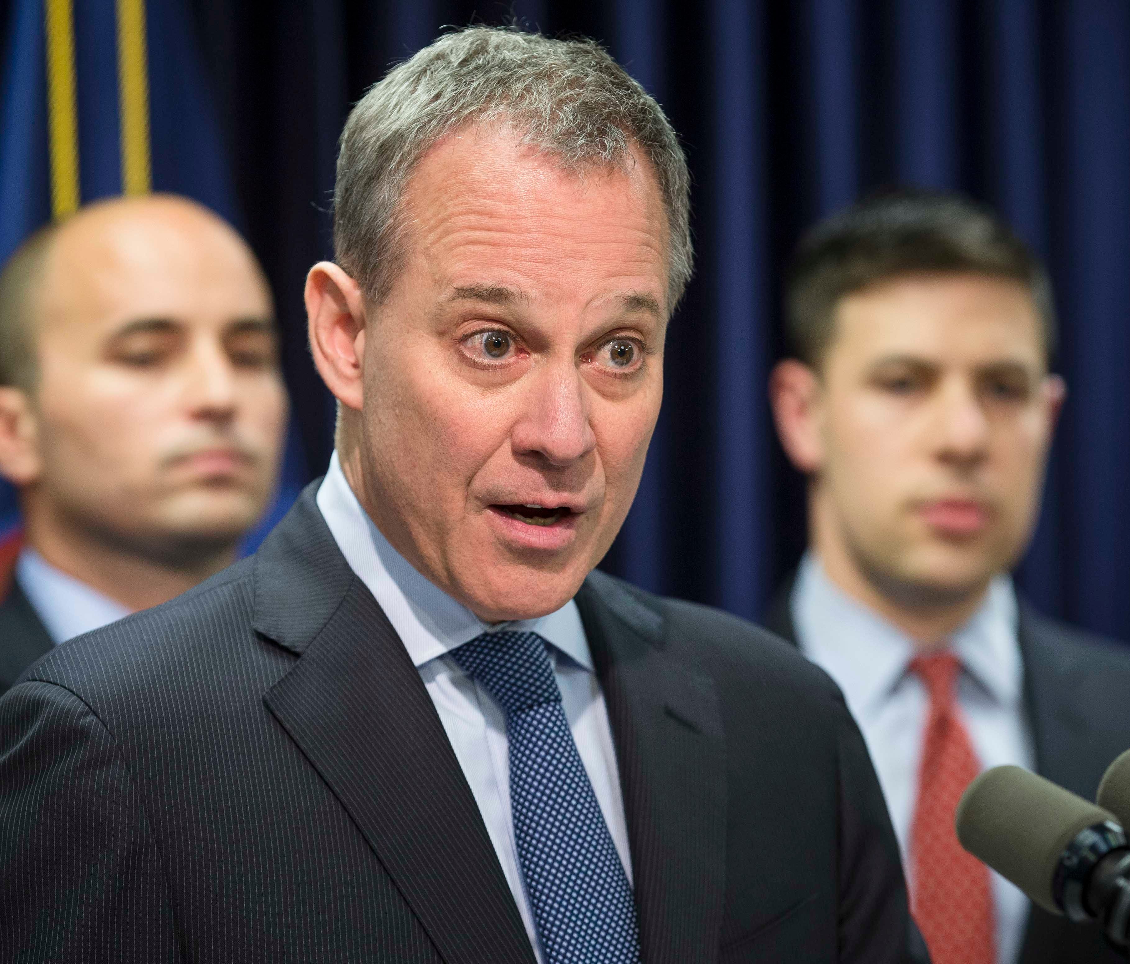 New York State Attorney General Eric Schneiderman speaks during a news conference Wednesday, June 25, 2014, in New York.