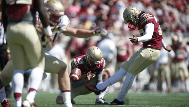 Ricky Aguayo hit a game-tying 46 yard field goal in the FSU Spring Game. He's expected to fill in for older brother, Roberto, in 2016.