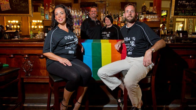 
Monique Hensley, left, Jeff Hamann, Ashley Smith and Jeffrey Barbee, chairpersons for OUTfest, at Knickerbocker Saloon in Lafayette.
