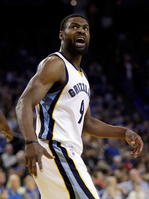 Memphis Grizzlies' Tony Allen reacts after scoring against the Golden State Warriors during the first half of an NBA basketball game Sunday, March 26, 2017, in Oakland, Calif.