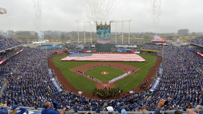 A general overall view of the stadium with opening day activities before the game between the Kansas City Royals and Chicago White Sox at Kauffman Stadium.