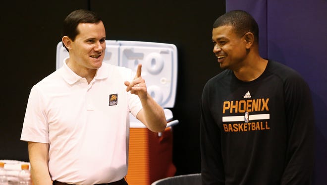 GM Ryan McDonough and head coach Earl Watson (right) at the Phoenix Suns pre-draft workout on Monday, May 29, 2017 at Taking Stick Resort Arena in Phoenix, Ariz.