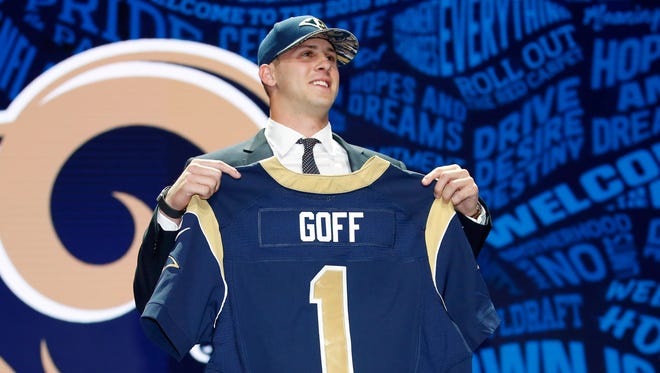 Jared Goff (California) after being selected by the Los Angeles Rams as the number one overall pick in the first round of the 2016 NFL draft at Auditorium Theatre.