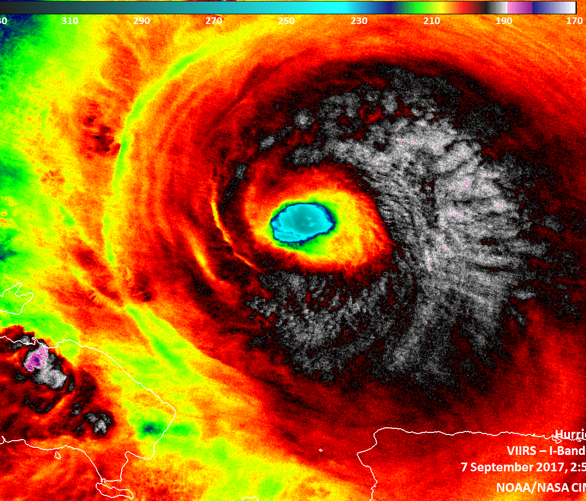 An infrared satellite image of the eye of Hurricane Irma as it passed north of Puerto Rico on Sept. 7, 2017.