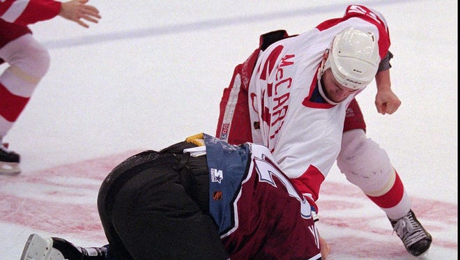 The "Brawl in Hockeytown" on March 26, 1997 at Joe Louis Arena is the signature moment of the bloody Red Wings-Avalanche rivalry that lasted for about a decade. Here, Darren McCarty punishes Claude Lemieux.