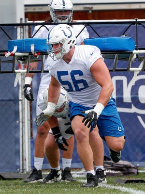 Guard Quenton Nelson works during the first day of training camp for the Colts
.
Indianapolis Colts offensive guard Quenton Nelson (56) during their first day of training camp at Grand Park in Westfield on Thursday, July 26, 2018.
