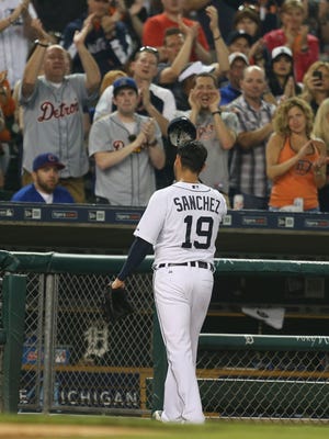 Detroit Tigers pitcher Anibal Sanchez salutes the fans as he leaves the game in the eighth inning against the Chicago Cubs on Tuesday, June 9, 2015 at Comerica park in Detroit.