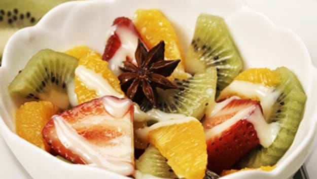 Sweet and spicy fruit salad uses a variety of fruits.
