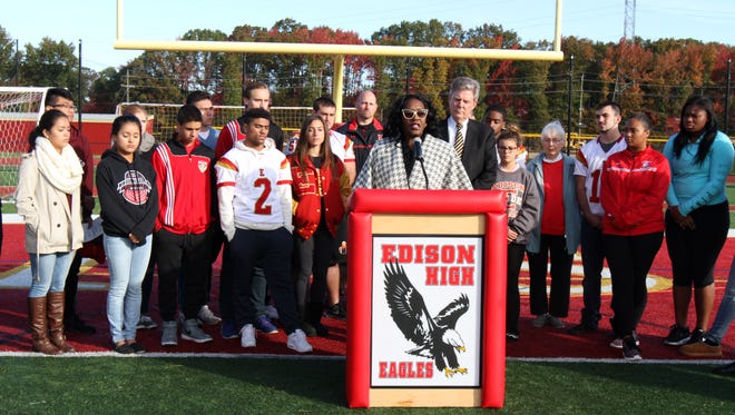Razeenak Walker of Edison, grandmother of Kittim Sherrod, speaks during U.S. Frank Pallone, Jr.'s press conference with Edison High School students, coaches and administrators to introduce his federal legislation of the Cardiomyopathy Health Education, Awareness, Risk Assessment and Training in the Schools (HEARTS) Act at Edison High School in Edison, NJ, Monday Oct. 26, 2015. The legislation is designed to increase awareness about the risk of Sudden Cardiac Arrest (SCA) in children. In April 2009, Kittim Sherrod, an Edison High School football and track and field star, collapsed and died after going into SCA during a track practice.