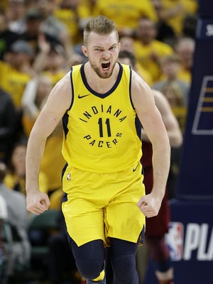Indiana Pacers center Domantas Sabonis (11) celebrates a play during the second half of Game 6 at Bankers Life Fieldhouse on Friday, April 27, 2018.