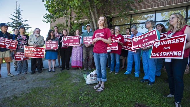 Shannon Lyons speaks in support of her fellow nurses at the University of Vermont Medical Center in Burlington on Wednesday. The nurses union is negotiating a new contact with the hospital.