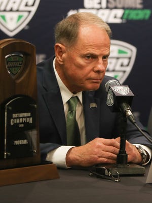Ohio Bobcats head coach Frank Solich talks with reporters about playing Western Michigan in Friday's MAC Championship game on Thursday, Dec. 1, 2016 at Ford Field in Detroit.