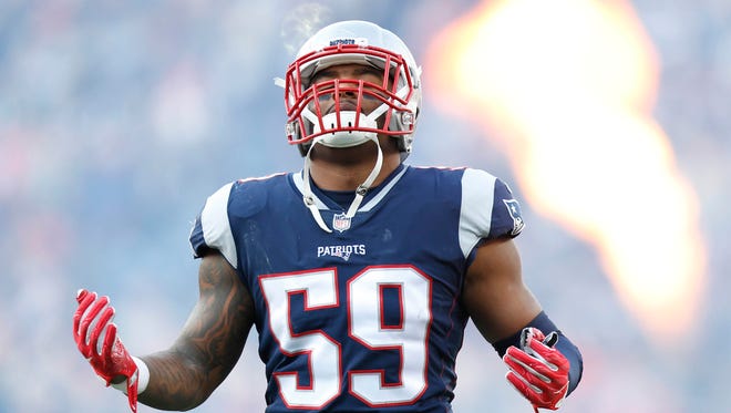 Jan 21, 2018: New England Patriots linebacker Marquis Flowers (59) reacts before the game against the Jacksonville Jaguars in the AFC Championship Game at Gillette Stadium.