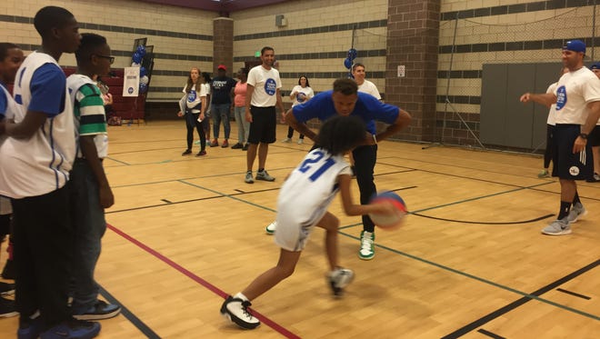 Justin Anderson of the Philadelphia 76ers plays defense at the team's youth camp Monday in Camden.